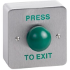 Surface mount green dome single gang exit button. Stainless steel faceplate and surface mount shroud, engraved PRESS TO EXIT